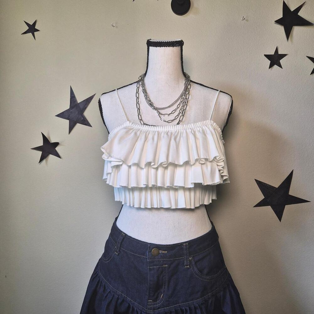 Y2K Zara Tiered Ruffle Crop Tank Top Coquette Fairy Angel Festival Dollette S